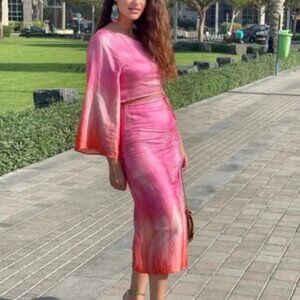 ZARA Pink & Orange Asymmetrical Tie Dye Silky One Shoulder Tie Top